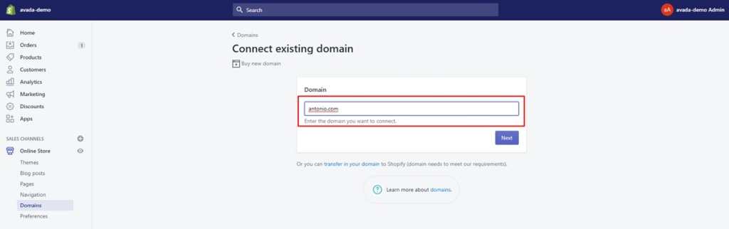 Filling the Domain Name in Shopify